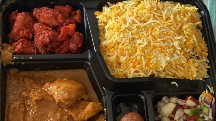 Non Vegetarian Lunch Box · Comes with : Chicken Appetizer of the day,
Chicken Curry of the day,
Choice of Basmati Rice,
Naan / Roti,
Salad,
Dessert.