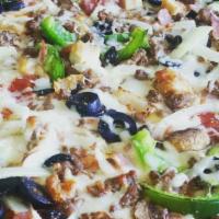 Vegetable Pizza · Sliced tomatoes, mushrooms, onions, green peppers, black olives, tomato sauce, and mozzarell...