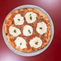 Margherita Pizza · Fresh mozzarella cheese, fresh basil, fresh garlic, and fresh tomatoes.