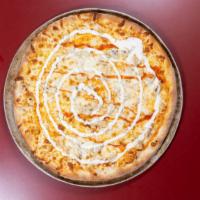 Buffalo Chicken Pizza · Hot sauce, diced chicken, and a swirl of our homemade ranch dressing. (Blue Cheese crumbles ...