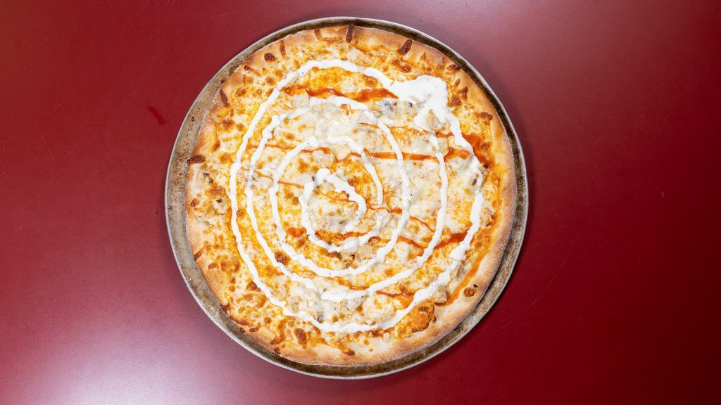 Buffalo Chicken Pizza · Hot sauce, diced chicken, and a swirl of our homemade ranch dressing. (Blue Cheese crumbles available upon request.)