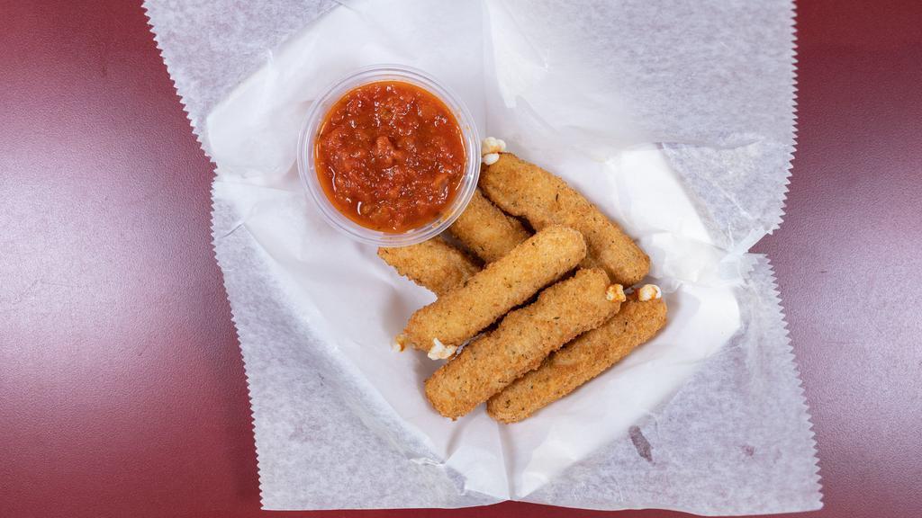 Mozzarella Sticks · 6 pieces. Crispy, golden-brown fried sticks of stringy cheese. Served with 2 oz. small side of marinara.
