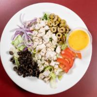 Grilled Chicken Salad · Frank's lettuce mix with diced grilled chicken, red onion, tomato, black and green olive, an...