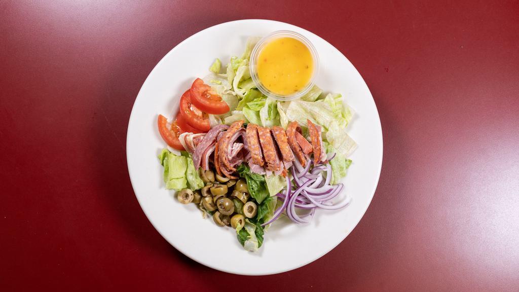 Antipasto Salad · Frank's pizzeria specialty item! Frank's lettuce mix with select Italian meats, provolone cheese, red onion, tomato, black and green olive, and pepperoncini peppers. Includes a 4 oz. large side of dressing.