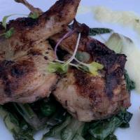 Grilled Quails · Garlic mashed potatoes puree, grilled zucchini.