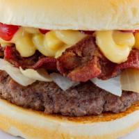 Mac Attack · Crispy Bacon, Mac and Cheese, Ketchup and Grilled Onions
