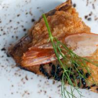 Shrimp Toast Points · Ground Shrimp with Crispy Shrimp Tails, Bronze Fennel & Sourdough Bread