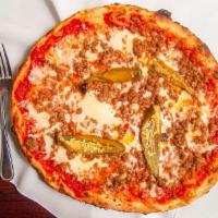 Hot Oil Pizza · Crumbled sausage, spicy oil, stingers, shredded Mozzarella.