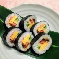 Spicy Maki · Kani, Cucumber, Scallions marinated in Spicy Ponzu; topped with Avocado, Furikake, Tempura c...