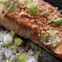 Garlic Butter Salmon · Pan-seared salmon with scallions, furikake, garlic crisp and garlic ponzu sauce.