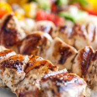 Chicken Souvlaki  · Cubed pieces of chicken on skewers cooked with fresh herbs & spices. Served with choice of 2...