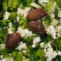 Prasini Chopped Salad · Chopped salad - chopped lettuce, dill, scallions & feta in a extra virgin olive oil dressing..