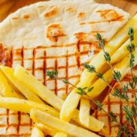 Chicken Gyro Skepasti · Traditional Greek favorite; two pita bread sandwich (top and bottom) filled with chicken gyr...