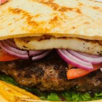 Cyprus Burger · Bifteki patty served in toasted pita bread with grilled halloumi cheese, lettuce, tomatoes a...
