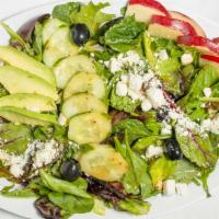 Mediterranean Salad · Spring mix, crispy apple, feta cheese, cucumbers, topped with balsamic vinaigrette.
