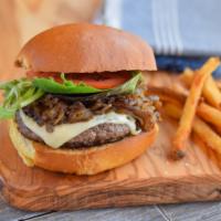 Large Mushroom Swiss Burger · Swiss Cheese, Caramelized Onions, and Sautéed Mushrooms.