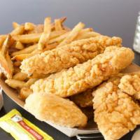 Chicken Tender Basket · served with fries and honey mustard.