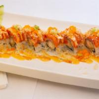 Red Dragon Roll · Shrimp tempura inside, topped spicy tuna with crunchy masago and scallion with spicy, shrimp...
