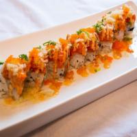 Happy Roll · Salmon crab stick yamagobo inside spicy tuna, crunchy, masago, scallion on the top with spic...