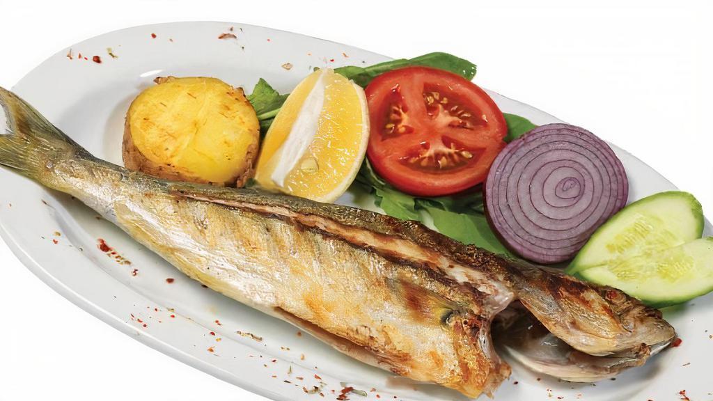 Izgara Levrek / Grilled Branzino · Fresh caught branzino seasoned with chef's selection of mediterranean spices char grilled to perfection served whole served over rice pilaf and a cabbage salad.