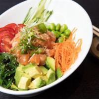 Salmon Poke Bowl · Avocado, cucumber, carrot, edamame, tomato, seaweed, sesame, scallion, house poke sauce.