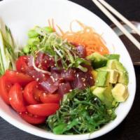 Tuna Poke Bowl · Avocado, cucumber, carrot, edamame, tomato, seaweed, sesame, scallion, house poke sauce.