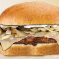 Big D Mushroom Swiss Burger · Served on a Brioche roll with sautéed mushrooms, swiss cheese and garlic aioli.