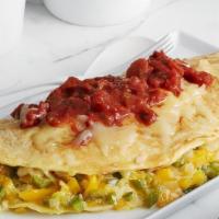 Mexican Omelette · Chorizo sausage, jalapeño peppers, onions, tomatoes, green peppers, and pepper jack cheese. ...