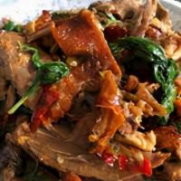 Pad Duck Basil Sauce · Fried duck, fresh basil, string beans, onions and bell peppers in chili/garlic sauce.