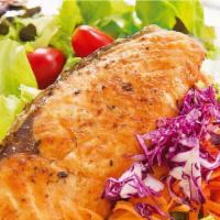 Salmon Salad · Grilled salmon and mixed vegetables with sauce.