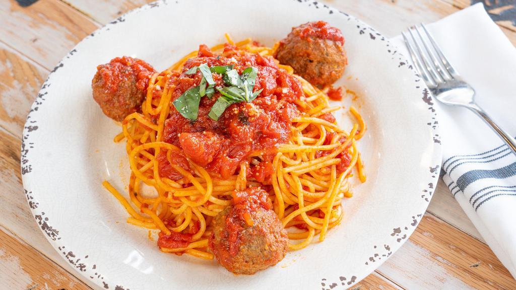 Spaghetti W/ Meatballs · homemade meatballs and tomato sauce.