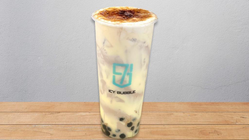 Fire Oolong Milk Tea · Oolong milk tea with boba, creamy cake on the wall and brulee sweet cheese foam on top