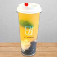 Passion Mix · Lemon lime passion fruit iced tea with lychee jelly and boba.
