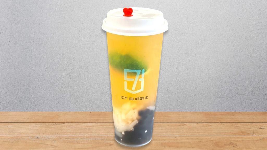 Passion Mix · Lemon lime passion fruit iced tea with lychee jelly and boba.