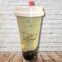 Da Bomb Matcha · Matcha latte with boba, custard pudding and azuki bean