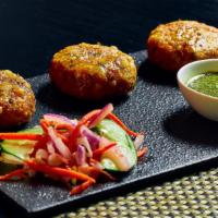 Cassava Root Pearls And Potato Patties · Lightly spiced potatoes mixed with sabudana served with cilantro mint chutney.