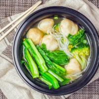 Fish Balls Noodle Soup · 6 fishballs with broccoli, bok choy, and a dash of scallions.