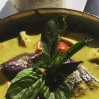 Tofu Green Curry · Thai coconut green curry, bamboo shoot, eggplant, bell pepper, and basil. Mild spicy. Served...