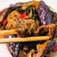 Non Veg Sautéed Spicy Asian Eggplant · Sautéed asian eggplant in chili garlic sauce, sweet chili paste, bell pepper, and basil leav...