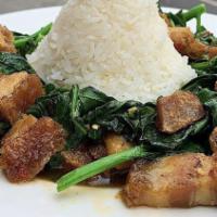 Ka Na Moo Krob · Sautéed chinese broccoli w/ crispy pork belly served w/ jasmine rice.