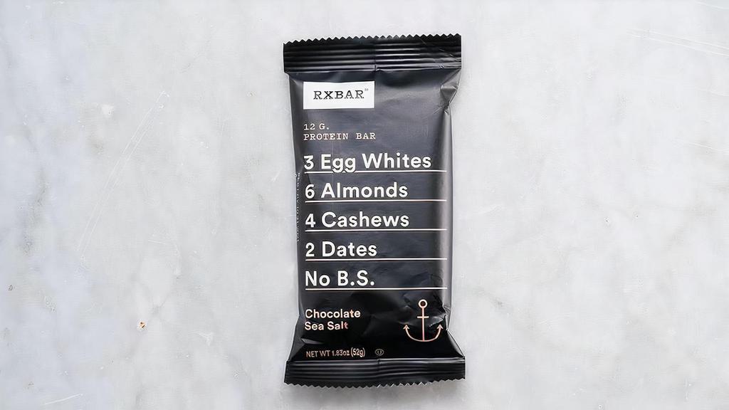 Rxbar Chocolate & Sea Salt · Chocolate Sea Salt bars are made with 100% chocolate, and a few other simple ingredients - egg whites for protein, dates to bind and nuts for texture. All topped with a sprinkle of crunchy sea salt