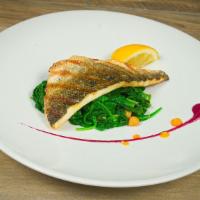 L3 Grilled Branzino Filet With Steamed Spinach · One filet of branzino with choice of side
