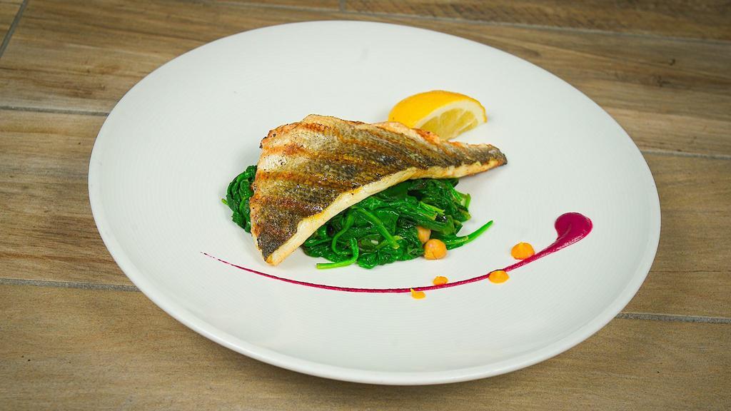 L3 Grilled Branzino Filet With Steamed Spinach · One filet of branzino with choice of side