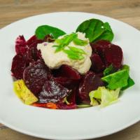 Organic Beets Salad · Roasted Beets, Radishes,  Garlic Mousse, Scallions. Lightly dressed with oil and vinegar.
