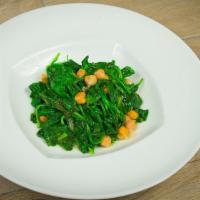 Steamed Spinach · Steamed with EVOO and chick peas.