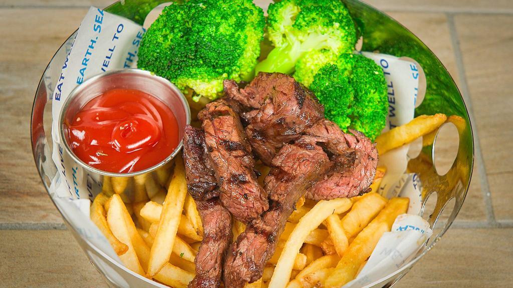Steak Tips With Hand Cut Fries & Broccoli · Char broiled skirt steak served over hand cut fries served with ketchup