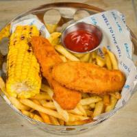 Chicken Fingers With Hand Cut Fries & Corn On The Cob · Two chicken breast tenders breaded and fried, served over hand cut fries with ketchup