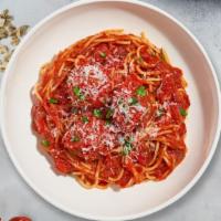 Meatball Mayhem Pasta · Fresh spaghetti and homemade ground beef meatballs served with rossa (red) sauce, red pepper...