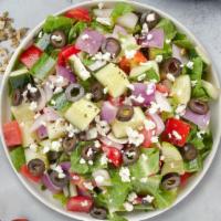 Great Greek Salad · (Vegetarian) Romaine lettuce, cucumbers, tomatoes, red onions, olives, and feta cheese tosse...