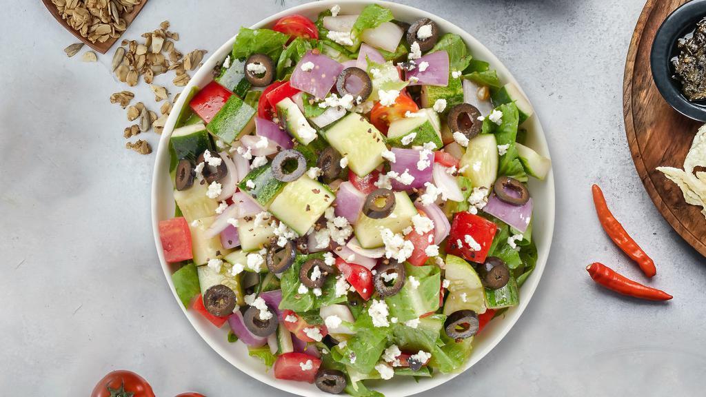 Great Greek Salad · (Vegetarian) Romaine lettuce, cucumbers, tomatoes, red onions, olives, and feta cheese tossed with balsamic vinaigrette dressing.